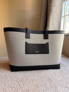 Burberry Canvas Tote with Black Leather Trim